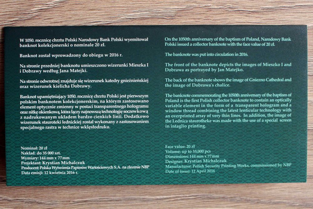 Banknot 20 zł 1050 rocznica Chrztu Polski + Gratis
