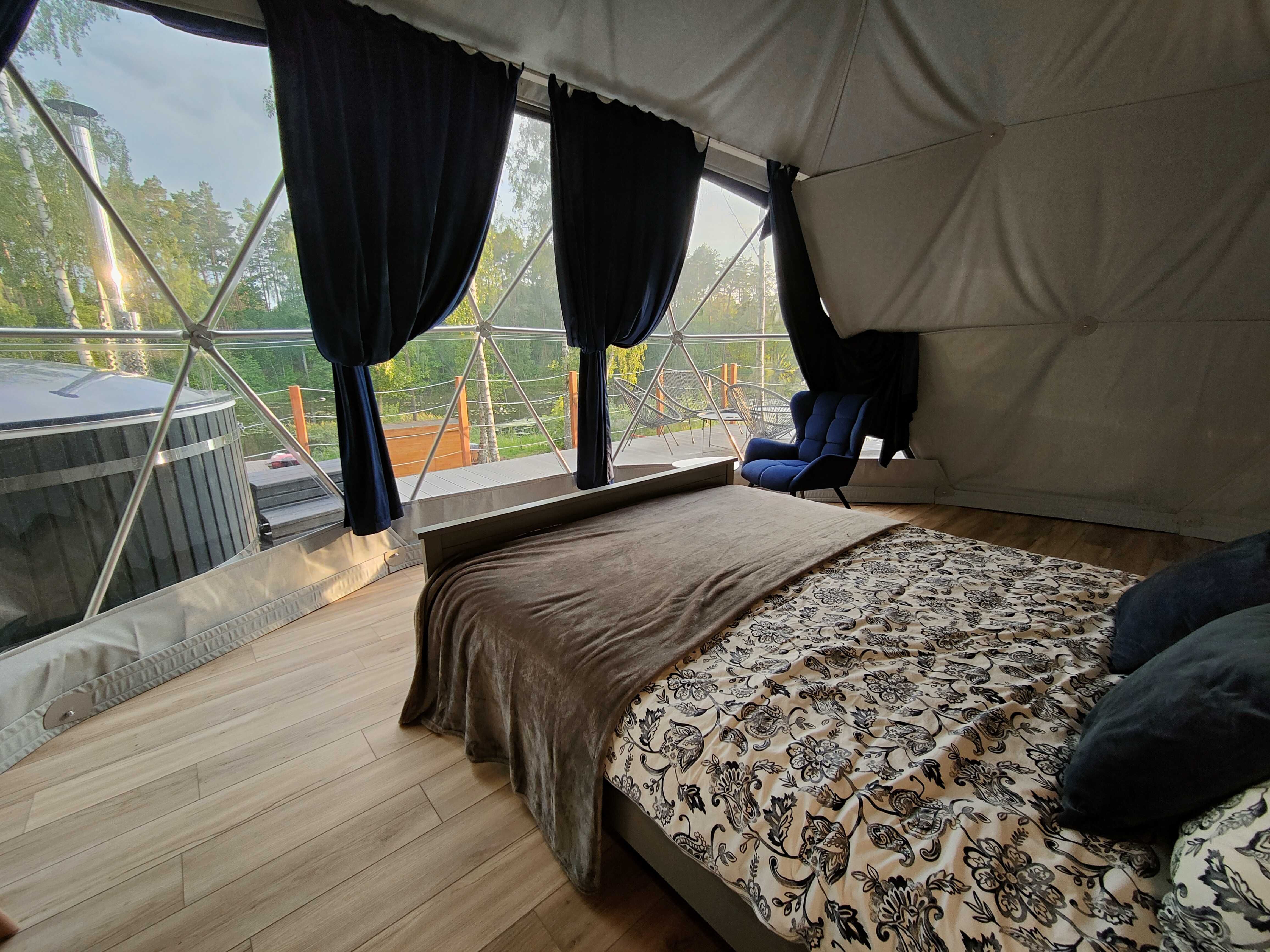 Glamping/domki linia brzegowa, balia na wyłączność, sauna