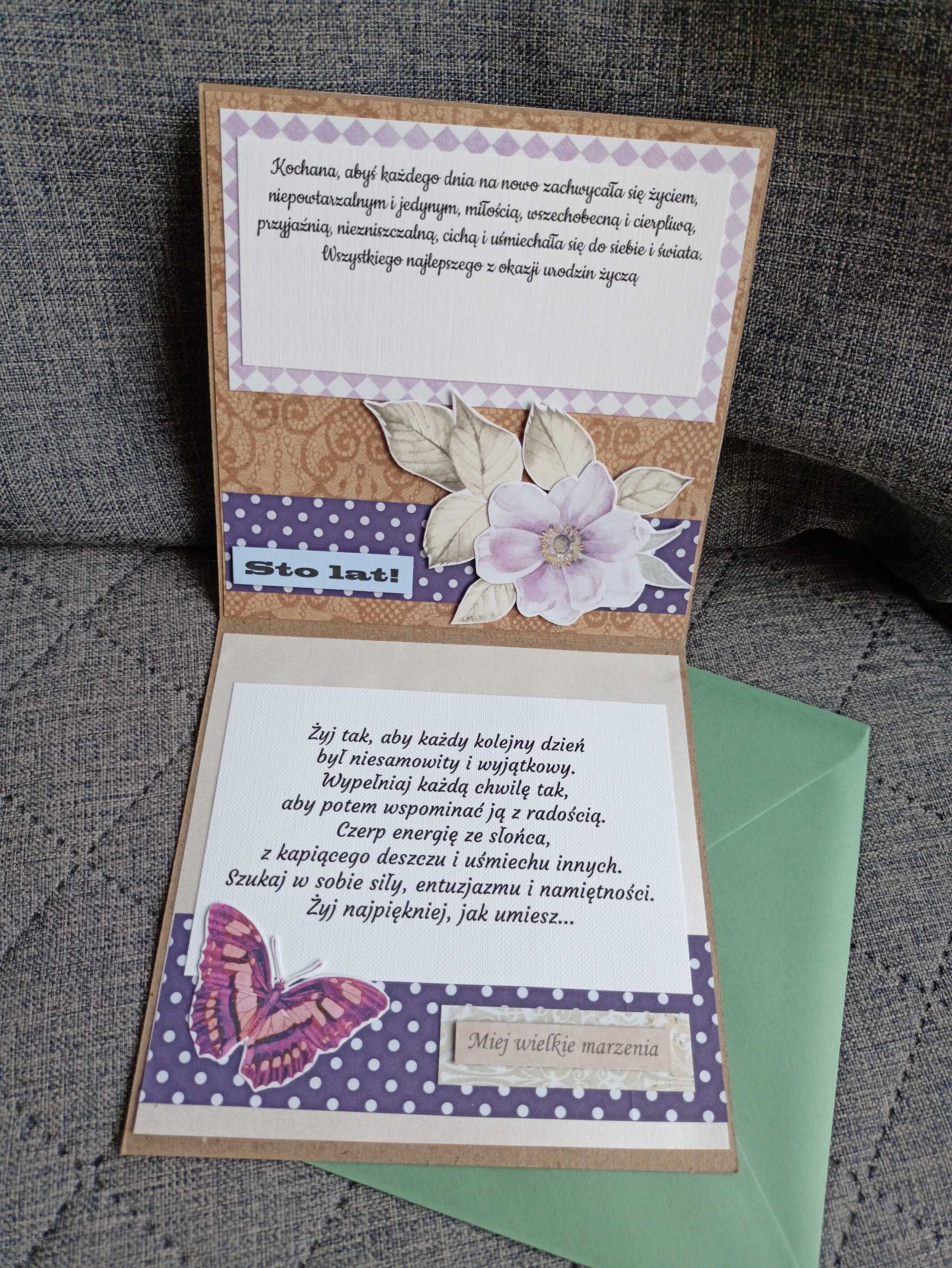 Kartka rękodzieło dla kobiety z okazji urodzin, imienin z kopertą