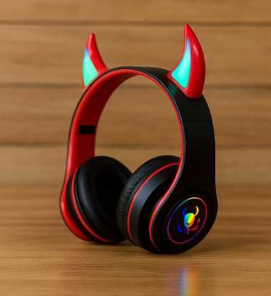 NOWE Słuchawki Bezprzewodowe Gamingowe Bluetooth Led Świecące Rogi Rgb