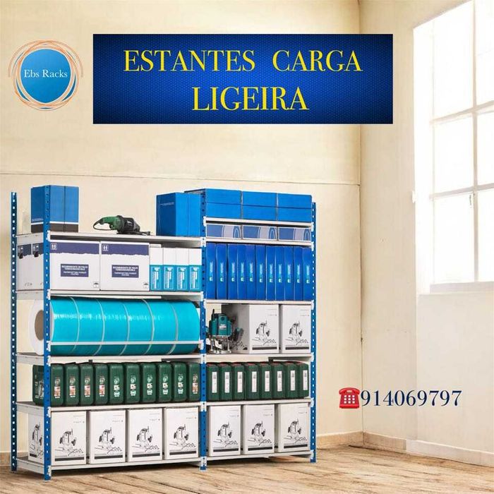 Estantes em metal para armazéns, garagens, escritórios e lojas.