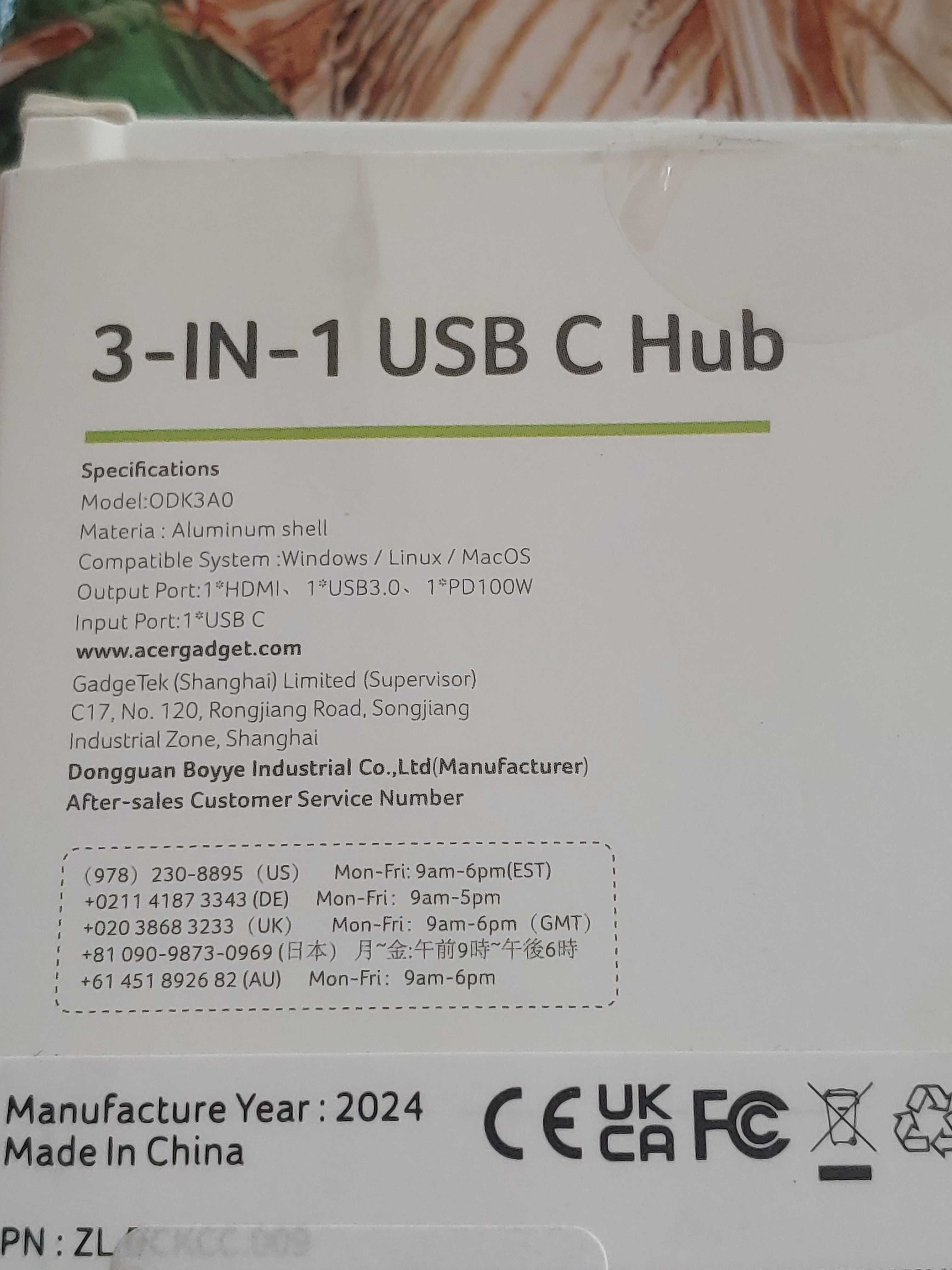 Адаптер Acer USB C - HDMI концентратор USB C 4K, 100 Вт, порт USBA 3.0