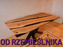 Stół z żywicy epoksydowej, dębowy do salonu, czarna żywica, nogi pająk