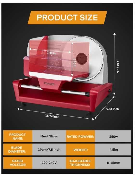 Elektryczna krajalnica FOHERE 250W 0-15mm, wymienne ostrza