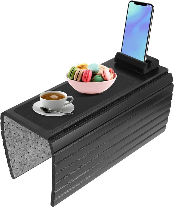 Tacka Bambusowa Na Sofę Miejsce na Napoje Półka Antypoślizgowa Czarna
