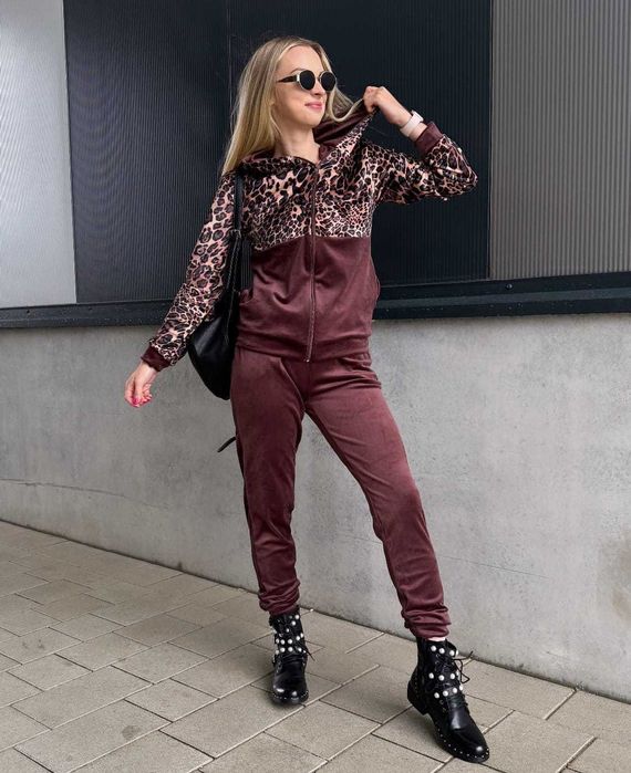 Dresy damskie welurowe w panterkę spodnie + bluza brązowe r.S wys.24h
