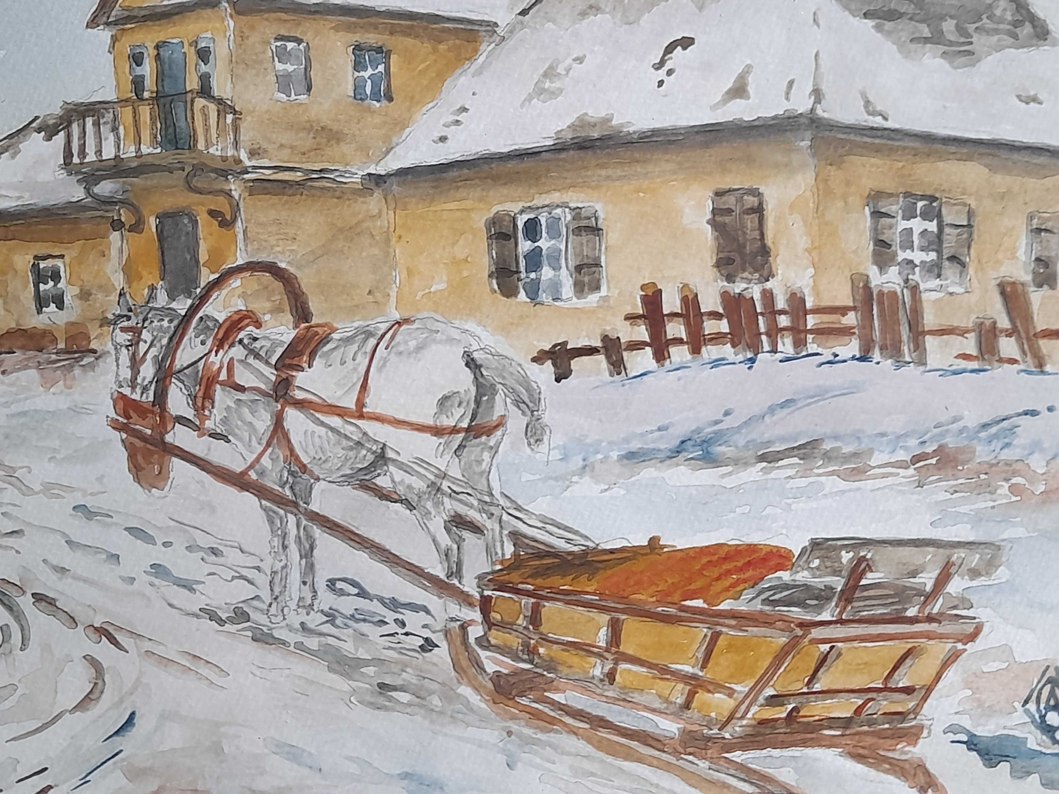 Obraz akwarela Widok dworku z saniami zimą (sygnowany)
