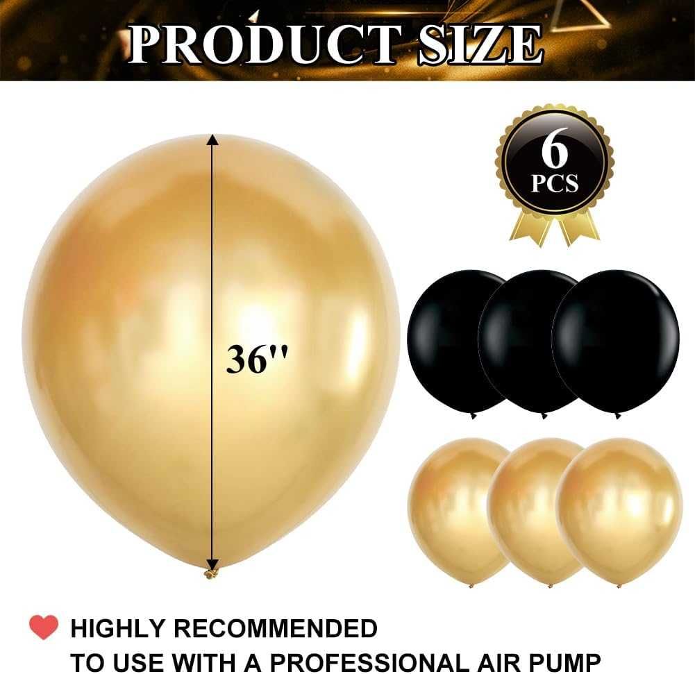 Bardzo Duże Balony Czarne + Złote 91 cm - 6 szt
