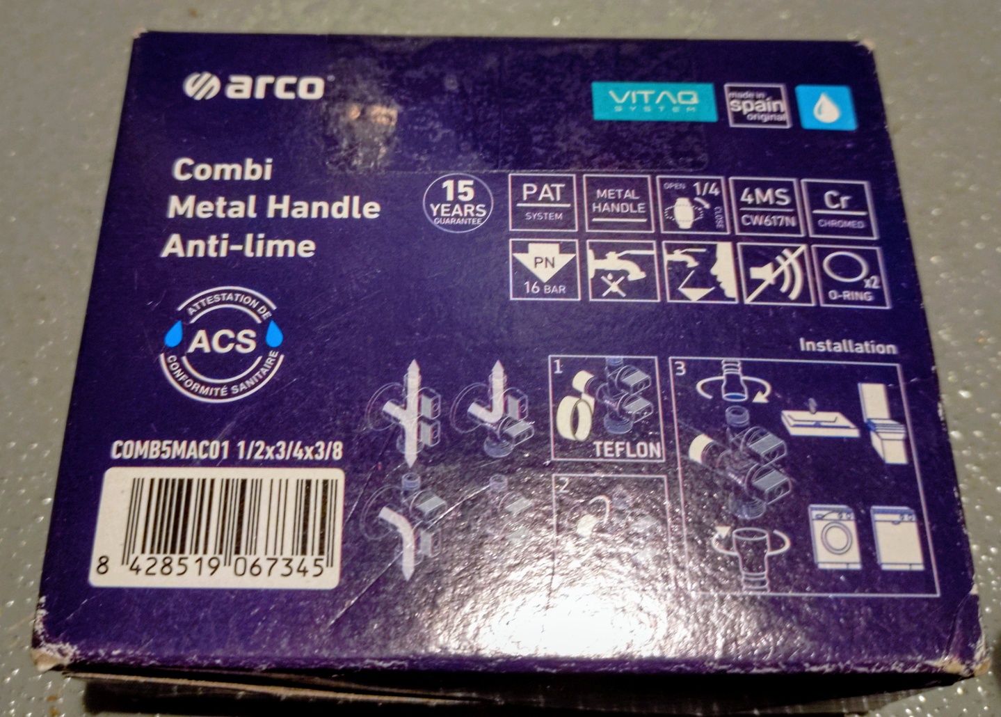 Zawór kątowy Arco pralka-bateria antykamienny 1/2 x 3/4 x 3/8 NOWY!!!