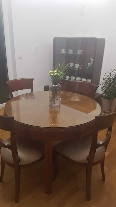 Drewniany designerski stół, lata 50-te XX w., fornir + szkło