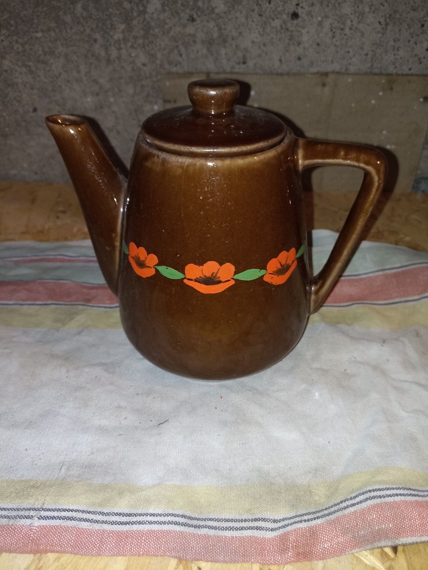 Stary ceramiczny kamionkowy malowany imbryk dzbanek vintage PRL