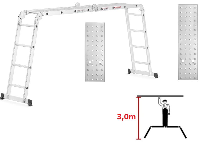 Wielofunkcyjna DRABINA PRZEGUBOWA aluminiowa 4x4 z PODESTEM - Promocja