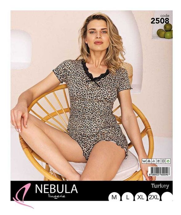 Piżama damska panterka krótki rękaw szorty wiskoza nebula