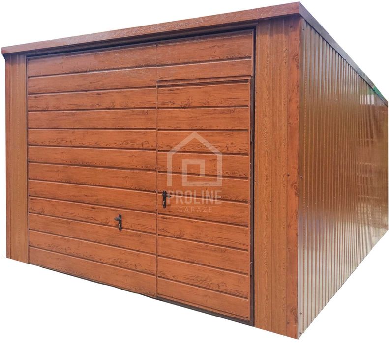 Garaż blaszany 3x5m - 2x Brama drzwi złoty dąb- dach spad w tył PLG120