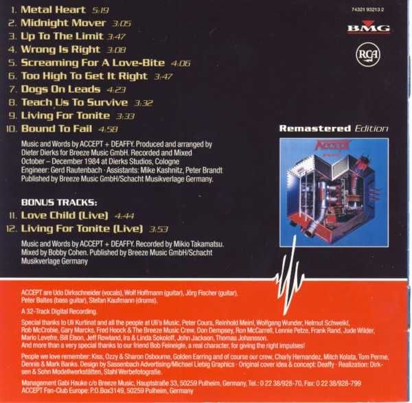 Płyta CD Accept " Metal Heart "1985 RCA 2002