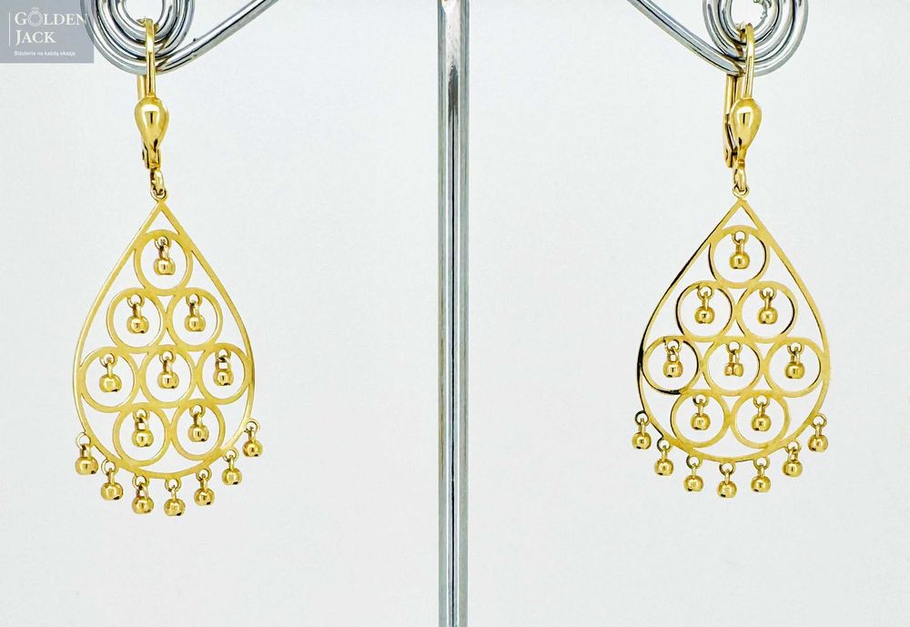 Złote wiszące kolczyki z kuleczkami ażurowe złoto pr. 585 waga 3,41 g