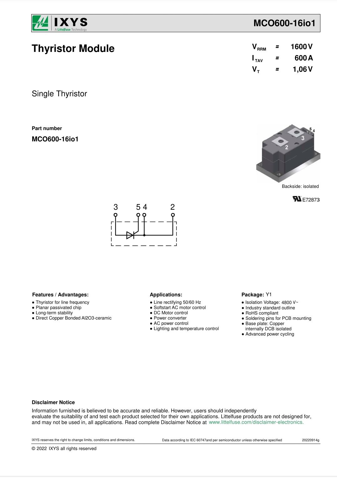 Тиристори 1600v 600 A MCO 600-16 IO1