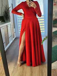 Czerwona długa sukienka rozkloszowana długi rękaw S.Moriss 38/M