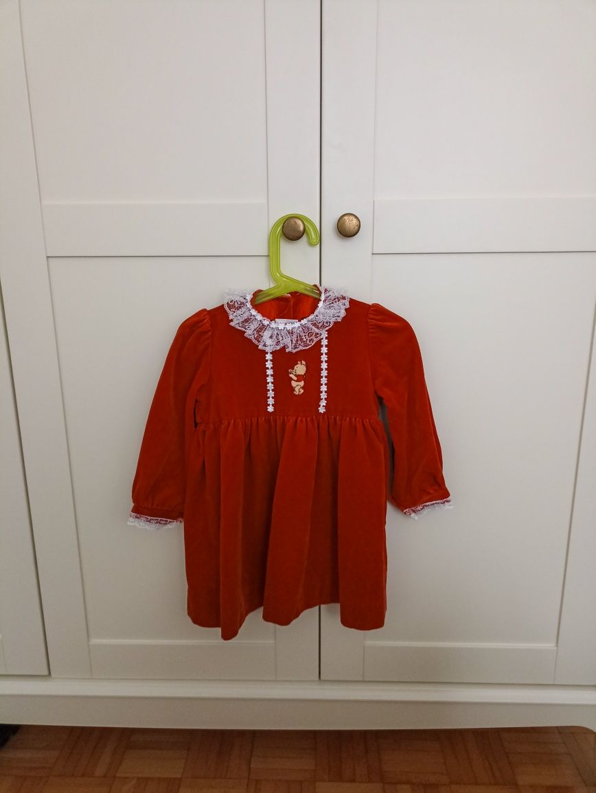 Welurowa bawełniana czerwona sukienka z kołnierzykiem 92 świąteczna
