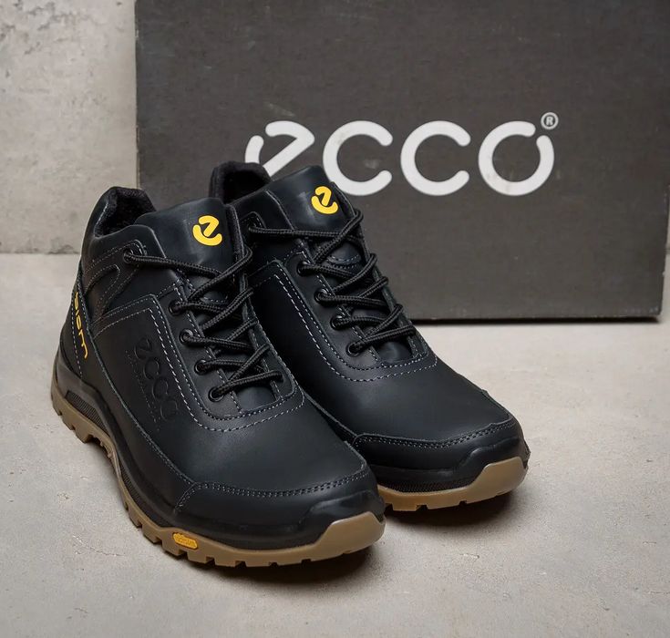 Чоловічі зимові черевики ecco, теплі шкіряні чорні ботінки на зиму