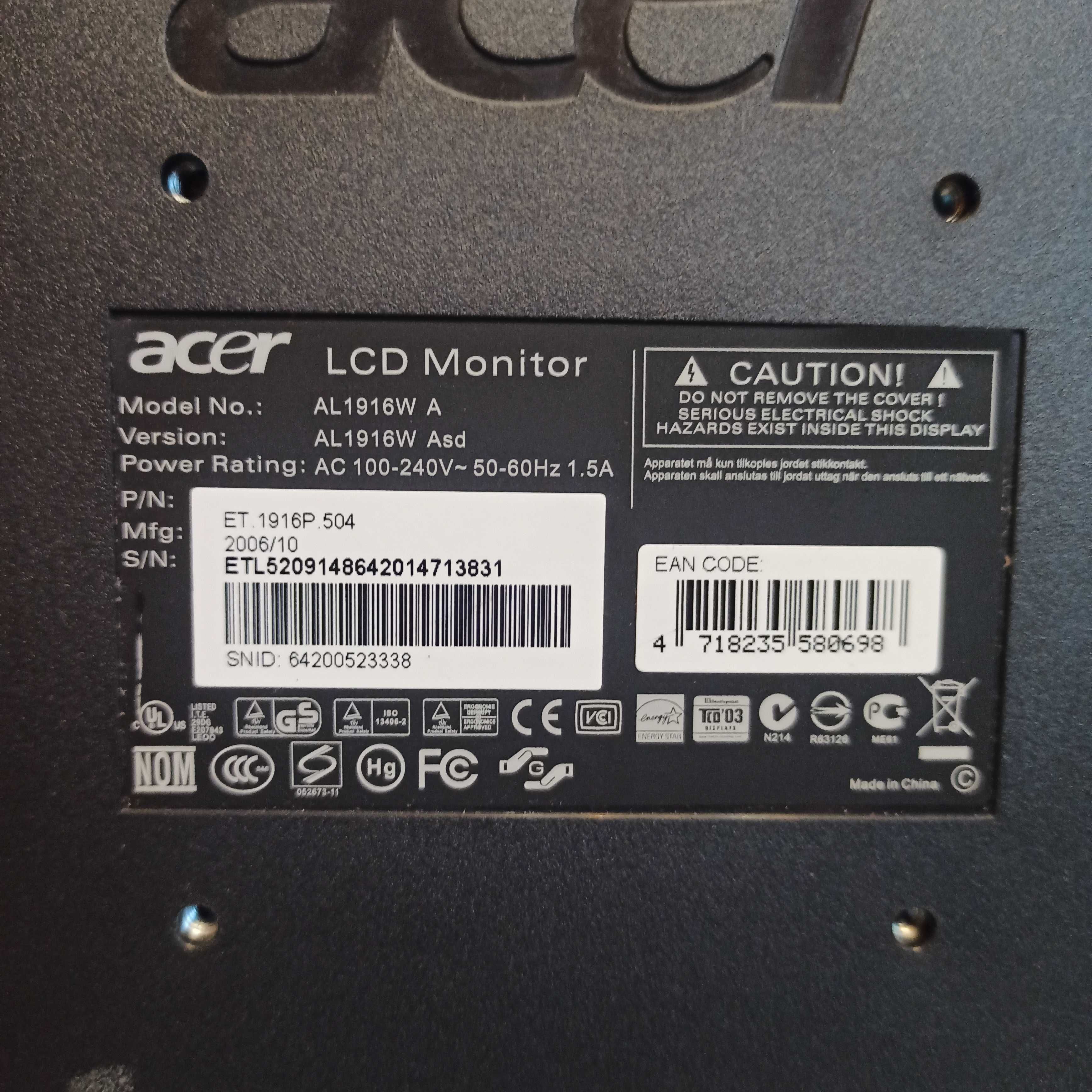 монитор ACER LCD Monitor AL1916W