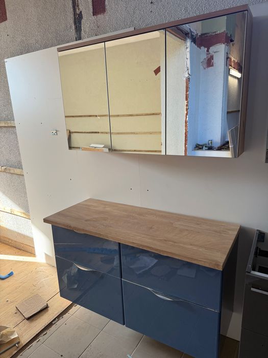 Zestaw Ambio niebieska z blatem 120 pod umywalki i szafka z lustrem