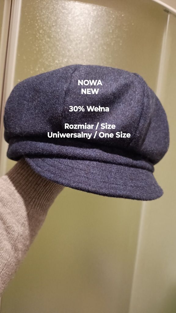 NOWA  Elegancka damska czapka z daszkiem, 30% Wełna, Roz. Uniwersalny