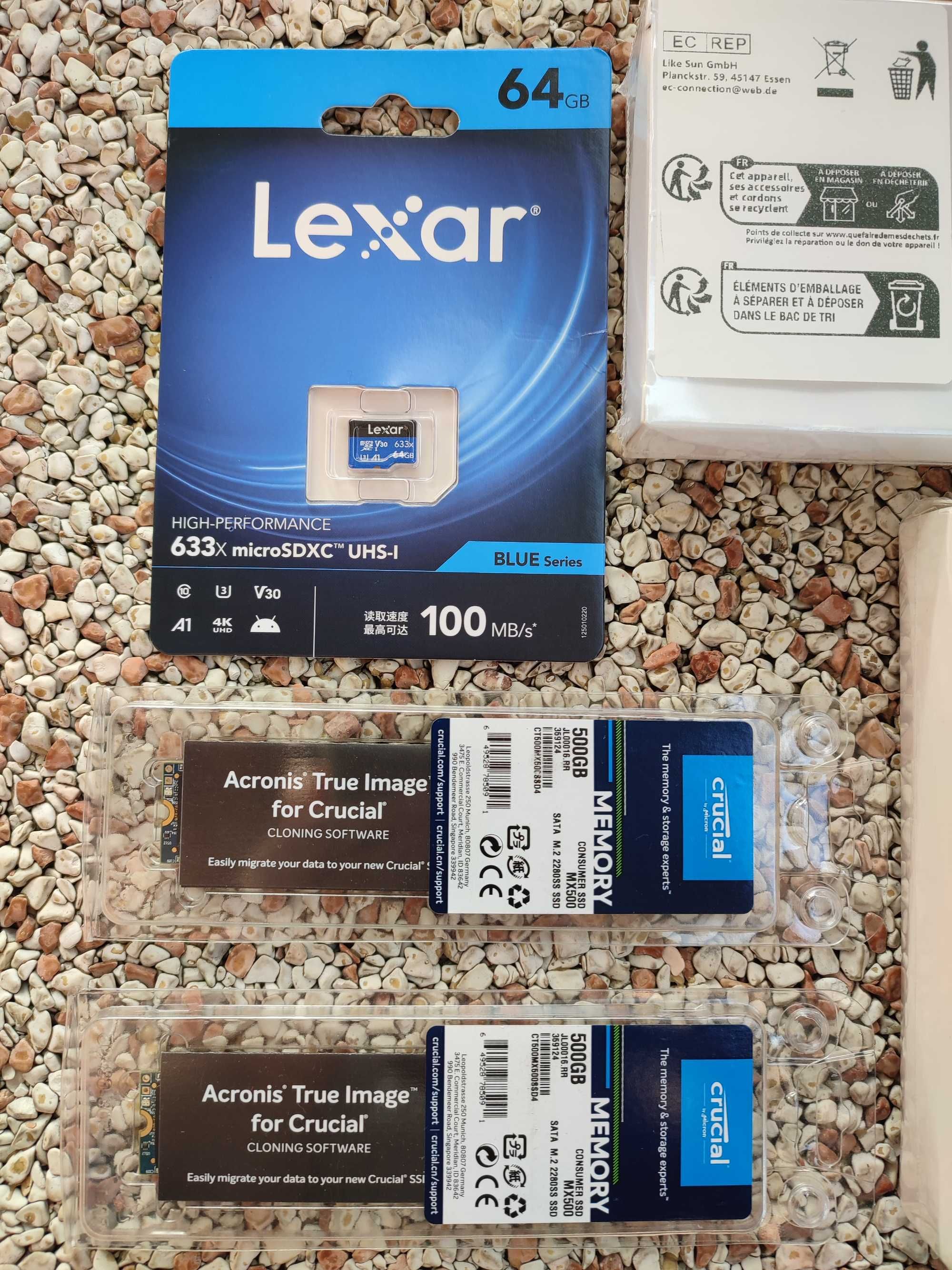 Karta pamięci Lexar 64GB + 2x SSD Crucial MX500 500GB + 2x obudowy m.2