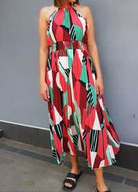 Długa maxi sukienka XL plisowana kolorowa w wzory gumka w tali letnia