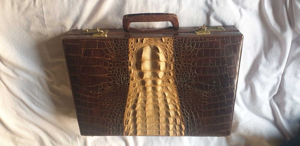 Pasta vintage escritório, pele crocodilo genuina