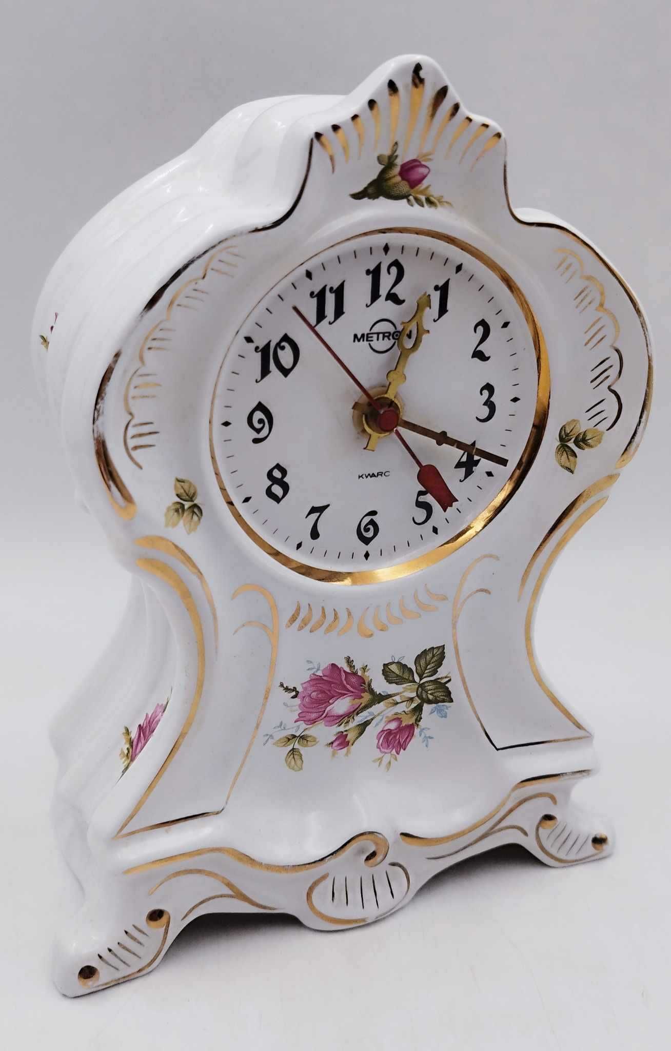 Zegar kominkowy porcelanowy Metron Kwarc róża sprawny  retro prl