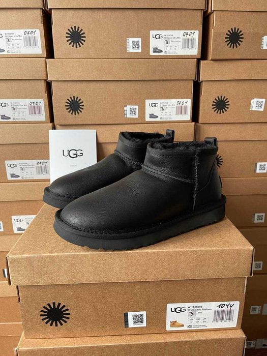 Женские UGG australia ultra mini black / Угги кожаные зимние 37 38 39