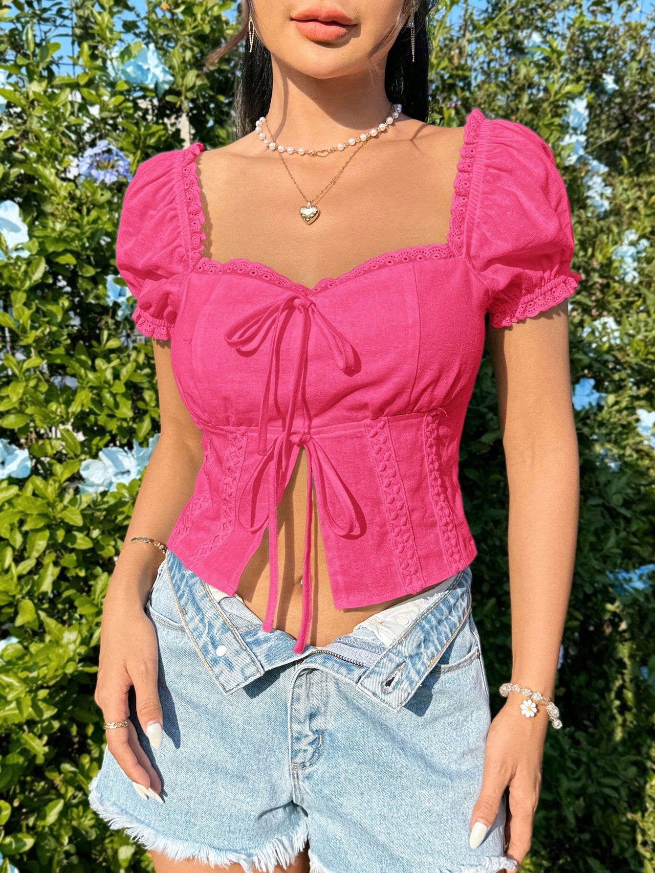 Bluzka Lniana Letnia Z Dekoltem Serce Różowa Casual Shein Xl 42
