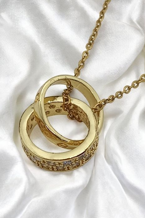 Łańcuszek Zawieszka Biżuteria Złoty Kolor Stal Cyrkonie Dwie Obrączki