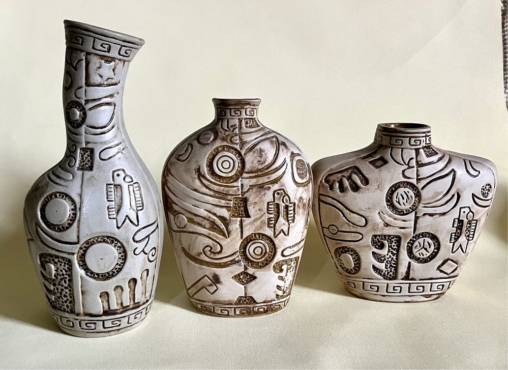 Elegancki Komplet 3 Ceramicznych Wazonów Boho Etno Aztec PRIMITIVE ART