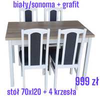 Nowe: Stół 70x120 + 4 krzesła, biały/sonoma + grafit,  dostawa cała PL