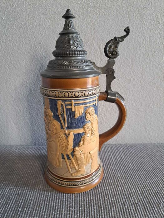German Beer Mug HR 450 Relief Tavern Scene c.1890