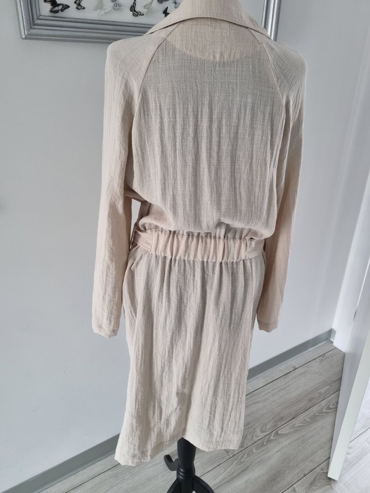 H&M klasyczny lekki trencz płaszcz beż śmietanka XS S len wiskoza