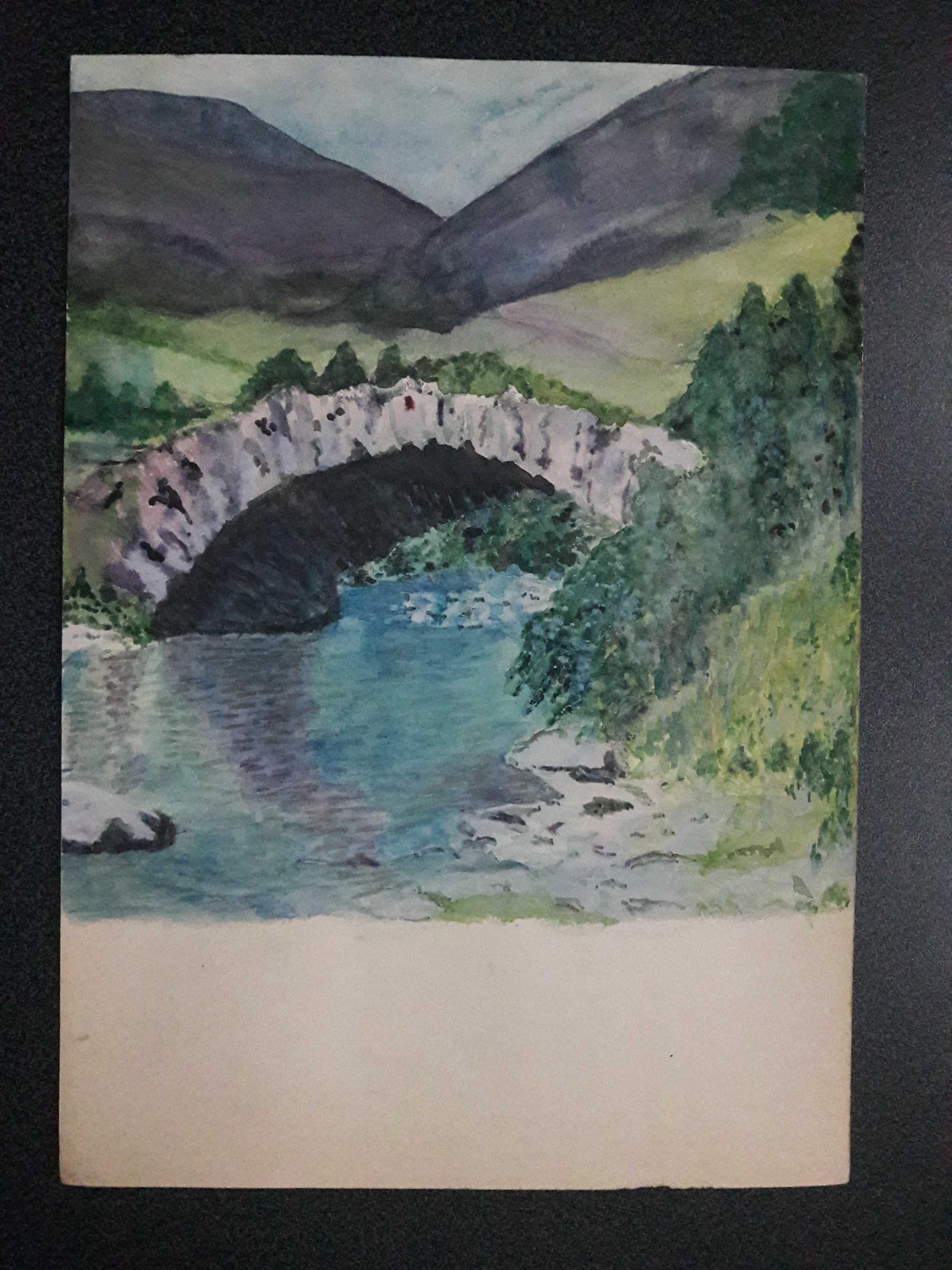Obraz malowany akwarela/karton  Most-krajobraz górski  lata 50-te