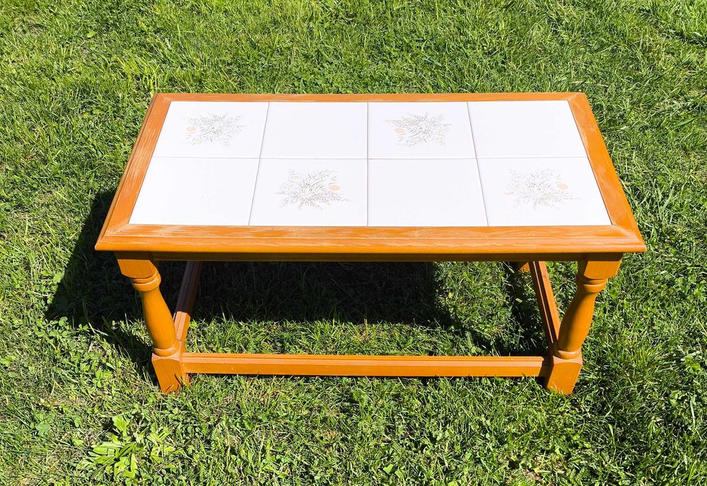 Mały Drewniany Retro Stolik Kawowy z Kafelkami | 67 x 37 cm | Wysyłka