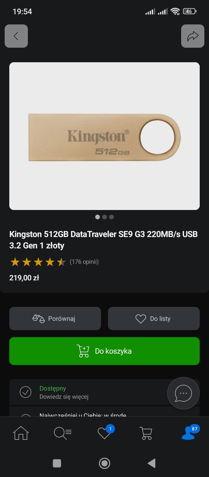Kingston 512GB DataTraveler SE9 G3 220MB/s USB 3.2 Gen 3 50 mie gwaran