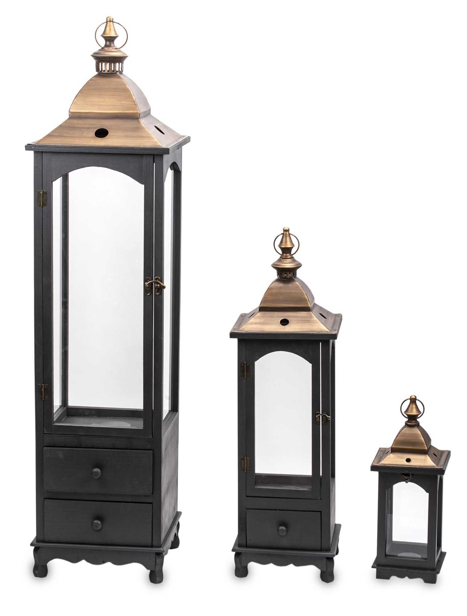 3 x Latarnia Czarny Złoty Wysoki Duży Drewniany Lampion Komplet 140173