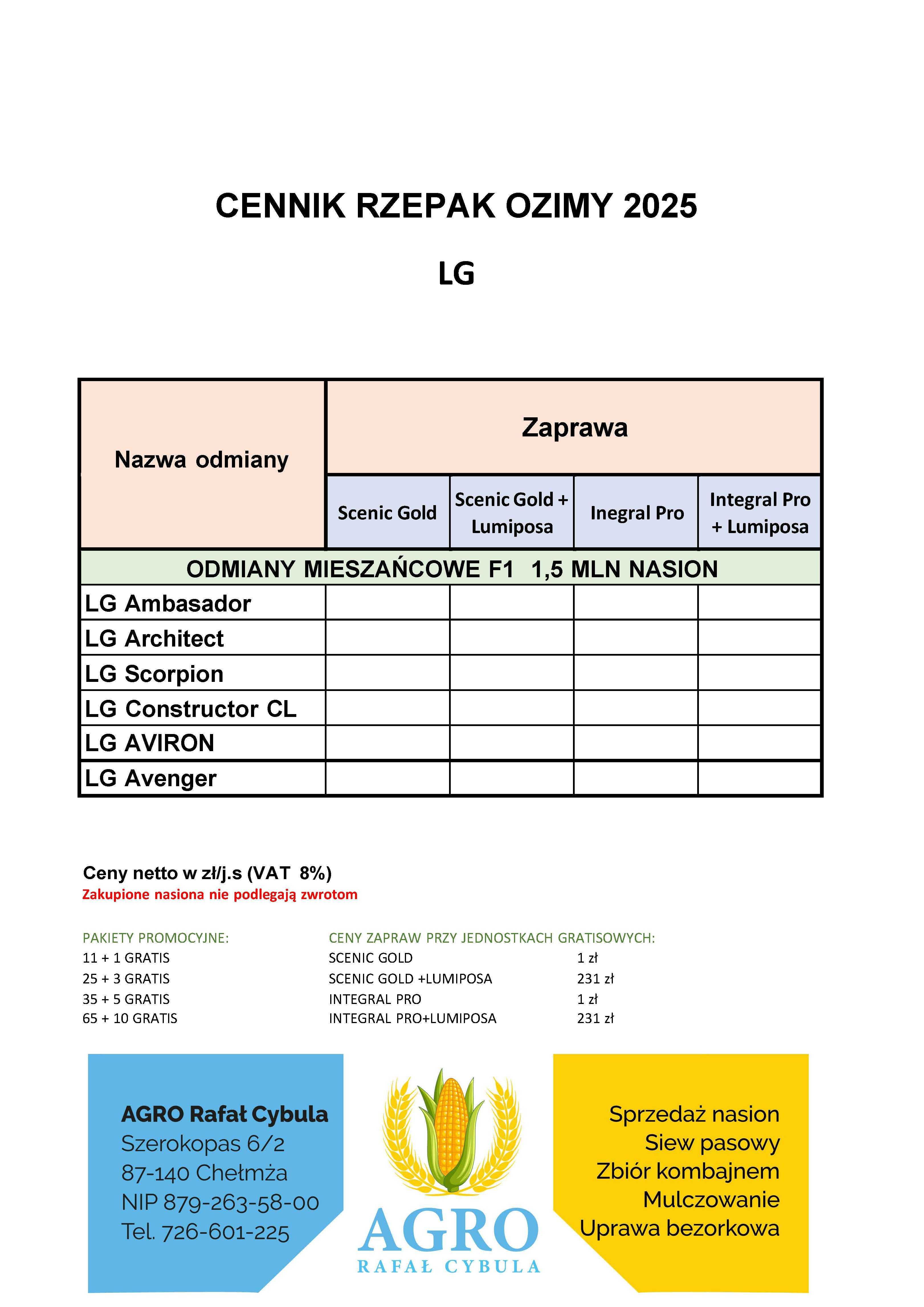 Nasiona rzepaku Rapool, KWS, Basf, Bayer, LG, IGP