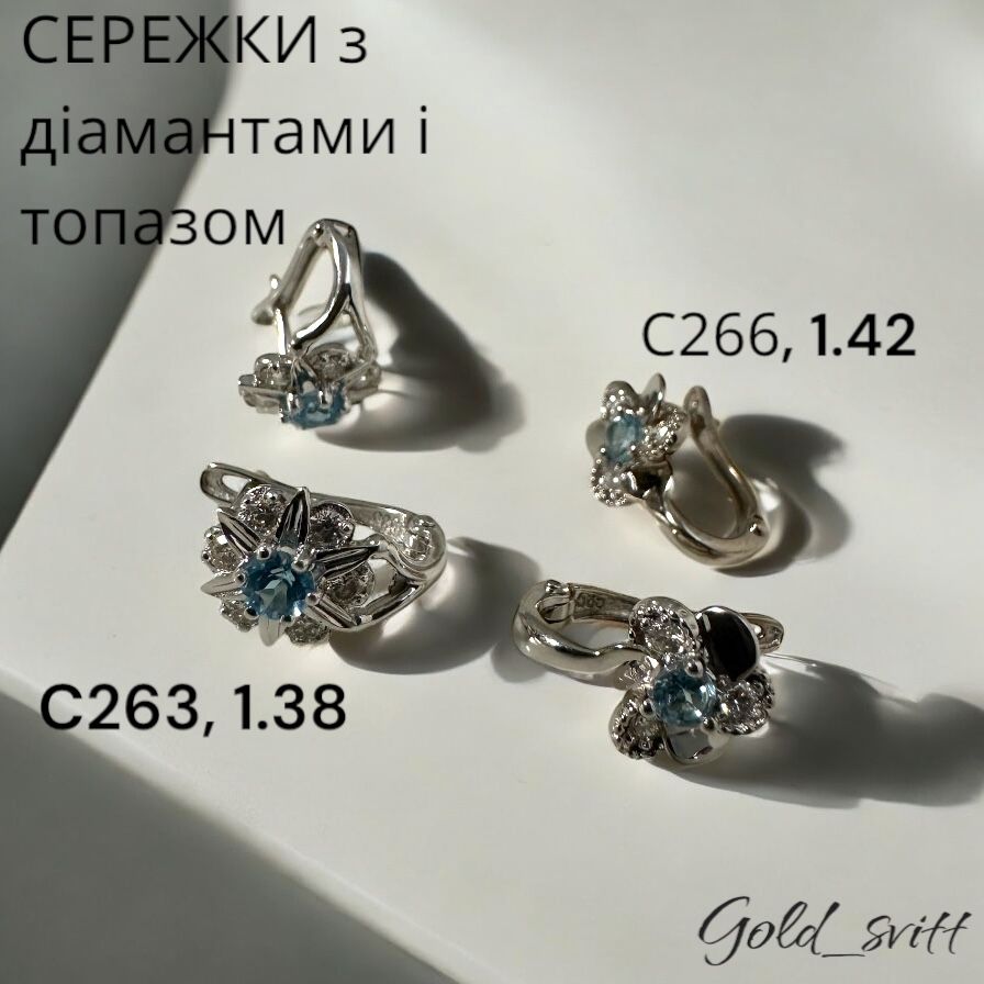 Сережки 1.38, 1.42-з діамантами та блакитним топазом біле зрлото 585