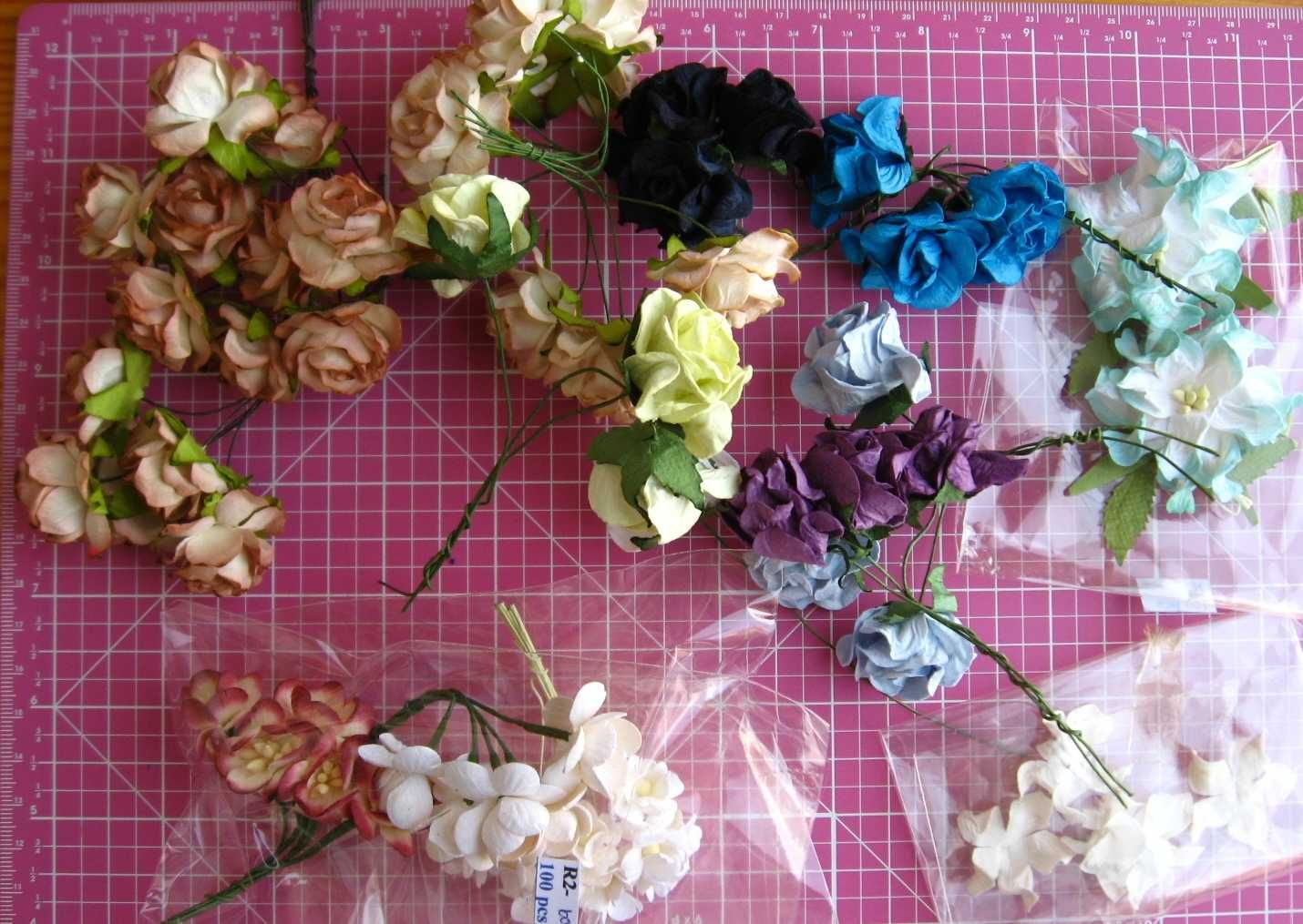 цветы бумажные мелкие, листья, тычинки, для рукоделия, кукол, поделок