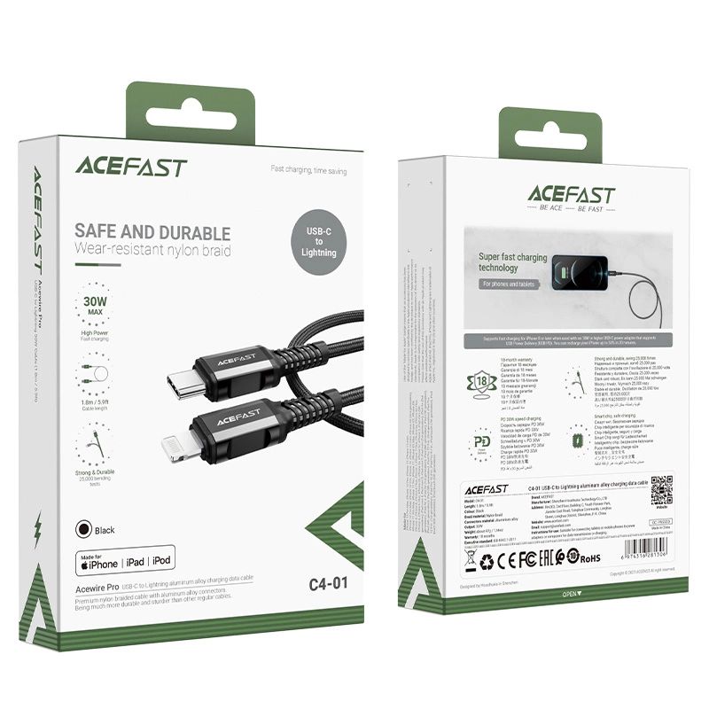 Kabel Acefast C4-01 Lightning - Usb-C Pd 30W 3A 480Mb/S 1,8M - Czarny