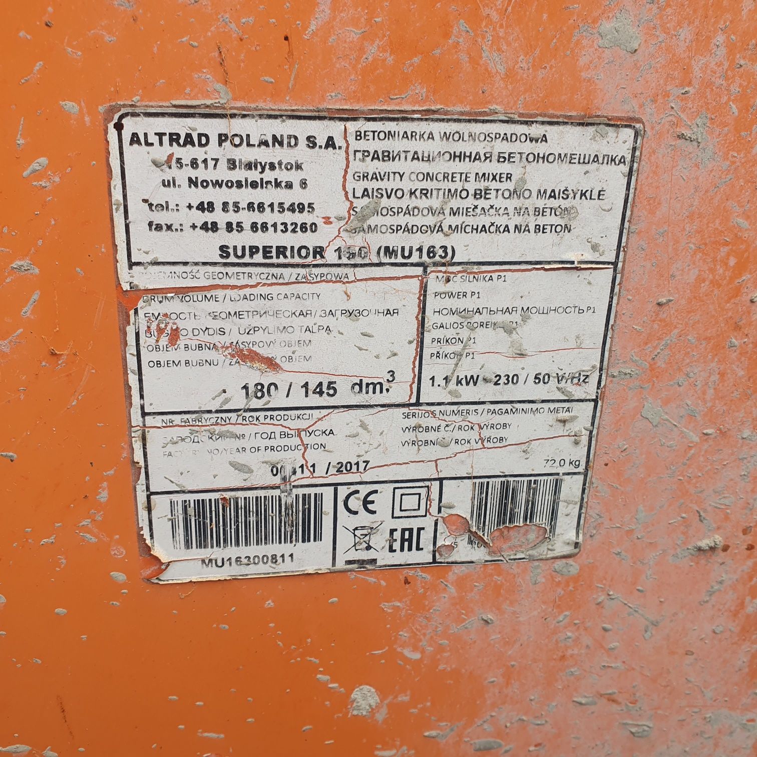 Betoniarka Altrad Superior 180l 230v Defro 100l