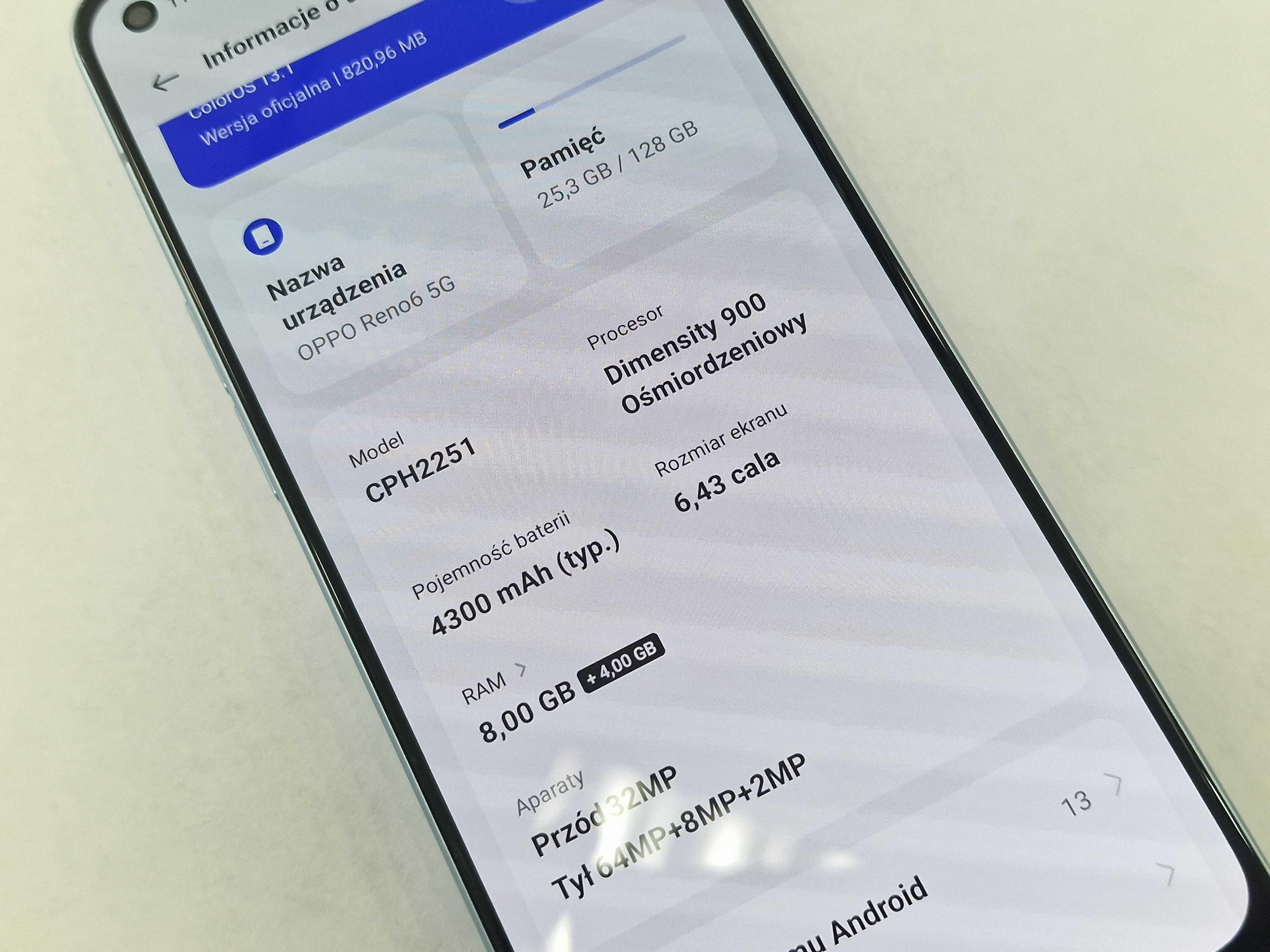 Oppo Reno6 5G Dual Sim/ 8GB/ 128GB/ Arctic Blue/ Grade B/ + ładowarka
