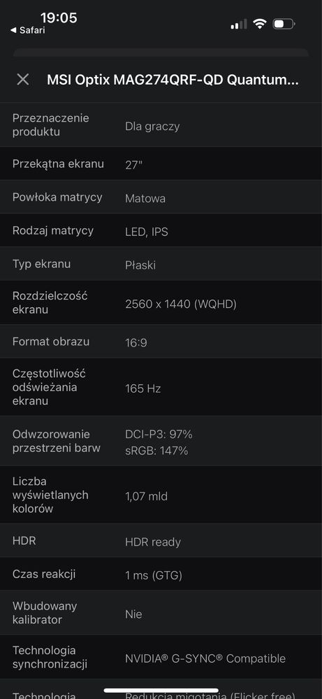 Monitor Gamingowy MSI OPTIX MAG274QRF-QD 165 Hz 2K / 4K 60 Hz