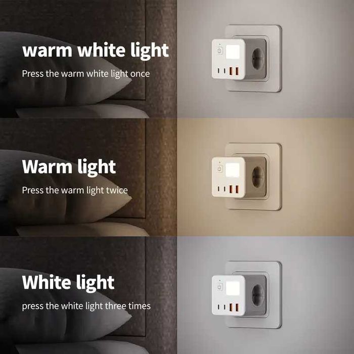 Розетка-куб мережевий розгалужувач 4 USB PD LED-нічник 3 розетки 2500W